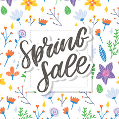 Spring Sale Word Hanging on Leaves with Strings. Vector Illustration flowers