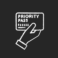 Priority pass chalk white icon on black background. Boarding ticket for airplane flight. VIP document for passenger service. Club card to prove membership. Isolated vector chalkboard illustration