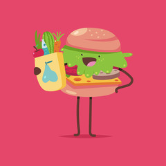 Cute burger with healthy food vector cartoon character isolated on background. Healthy and unhealthy food concept illustration.