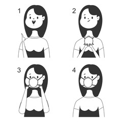 How to put a medical face mask vector illustration with girl black silhouette isolated on a white background.