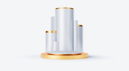 Clean white gold product pedestal on white background, gold frame, memorial board, abstract minimal concept, blank space, clean design, luxury mockup. 3d render 