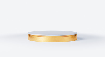 Clean white gold product pedestal on white background, gold frame, memorial board, abstract minimal concept, blank space, clean design, luxury mockup. 3d render 