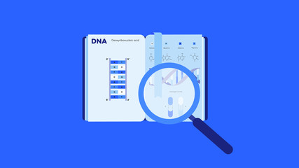 E-learning Conceptual Vector Illustration. Open Book With Infographic DNA structure And Magnifier On Blue Background