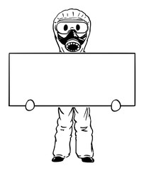 Vector cartoon stick figure drawing conceptual illustration of man wearing protective face mask and suit holding empty sign, coronavirus covid-19 concept.