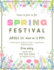 Spring festival poster template with collage from silhouettes of wild flowers and grass. - 332410738