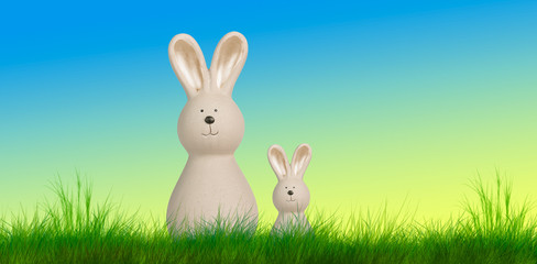 easter bunnys stand on a meadow with pastel background