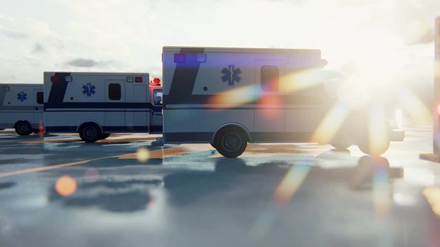 Several ambulances are waiting for a call. Concept of emergency medical services.