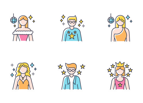 Popular celebrity RGB color icons set. Famous female and male actors. Talent show star. Successful entertainer. Stylish idol. Popular superstar. Hollywood person. Isolated vector illustrations