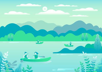 Rowing, sailing in boats as a sport or form of recreation vector flat illustration. Boating fun for all the family outdoors. Travel, go in a boat for pleasure. Landscape with lake, people go boating