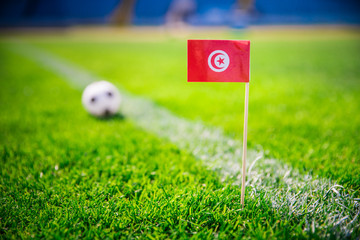 Obraz premium Tunisia national Flag and football ball on green grass. Fans, support photo, edit space