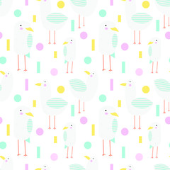 Seamless vector pattern with seagulls and geometric shapes of different colors.Child pattern for fabric, invitations, wrapping paper, cards and other materials.
