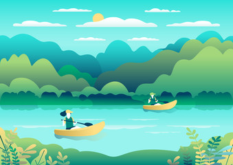 Rowing, sailing in boats as a sport or form of recreation vector flat illustration. Boating fun for all the family outdoors. Travel, go in a boat for pleasure. Landscape with lake, people go boating