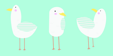 Set of three vector seagulls.Children's illustration: cute birds.