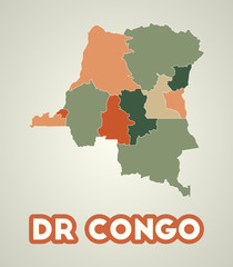 DR Congo poster in retro style. Map of the country with regions in autumn color palette. Shape of DR Congo with country name. Radiant vector illustration.