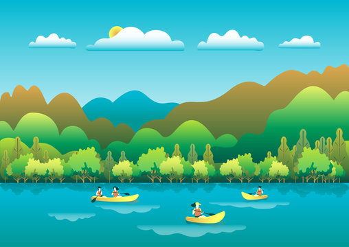 Rowing, sailing in boats as a sport or form of recreation vector flat illustration. Boating fun for all the family outdoors. Travel, go in a boat for pleasure. Landscape with lake, people go boating