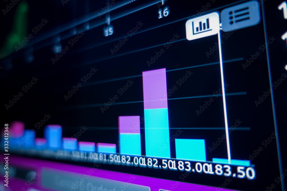 Wall mural stock market graph and ticker for businese analysis on led screen monitor. finance, investing and ex