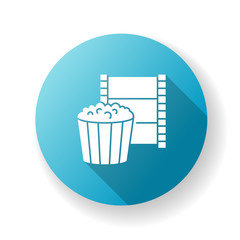 Movie night blue flat design long shadow glyph icon. Theater show evening. Watch film in cinema. Tape reel. Television and entertainment symbol. Snack for leisure. Silhouette RGB color illustration