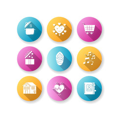 Lifestyle pink and blue flat design long shadow glyph icons set. Cooking recipe. Loving heart. Online purchase. Open gift. Contact book for social media highlights. Silhouette RGB color illustrations