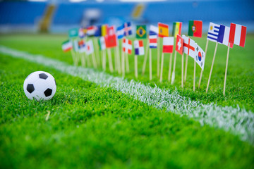 Football pitch, world nations flags, blue sky, football net in background. Sport photo, edit space.