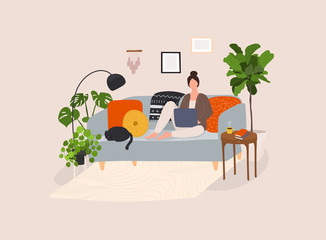 Working at home, coworking space, concept illustration. Cute girl sitting in comfy couch.
