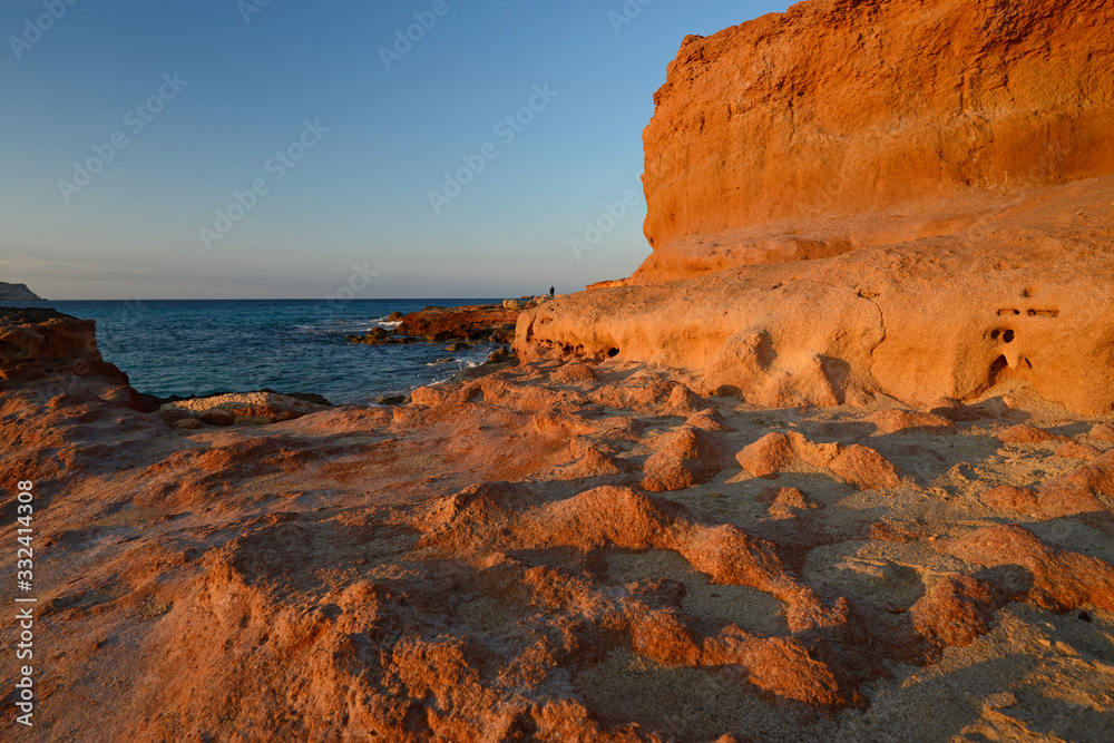 Canvas Prints Rocks on the west coast of Ibiza at sunset (Cala d'Hort)  - Felsen an der Westküste von Ibiza im Abendrot (Cala d'Hort)