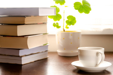 A white cup of coffee stands on a wooden table next to a stack of books and a pot against the background of the window