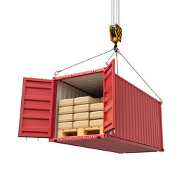 3d rendering of open red cargo container almost full of packages, suspended from crane, isolated on white background.