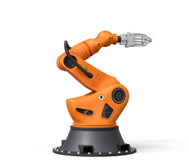 3d rendering of orange robotic arm with grey gripper standing on white background.