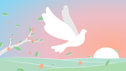 Vector illustration of a dove of peace flying on a beautiful landscape among the leaves. Concept drawing of a peace with a dove on a gradient background. Peaceful place concept