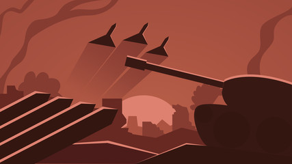Vector illustration of a war scene, battleground. Battlefield drawing with a tank, fighter jets, combat weapons, guns and smoke. Concept illustration of a war.