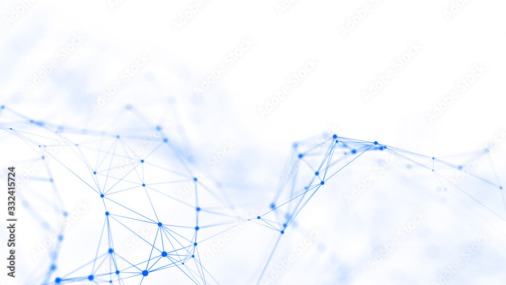 Poster Wave of particles on white background. Network connection dots and lines. Digital background. 3d rendering.