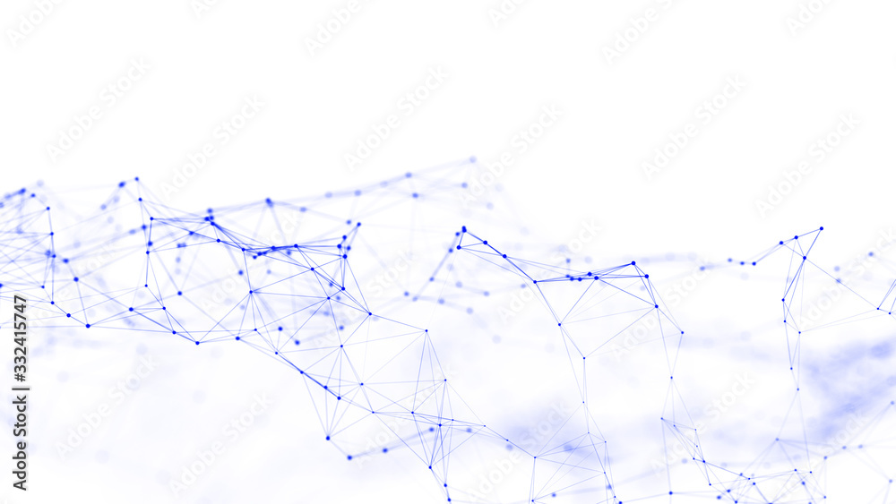 Fototapete Wave of particles on white background. Network connection dots and lines. Digital background. 3d rendering.