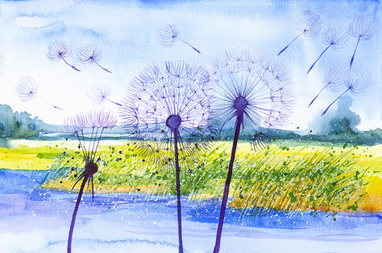 Watercolor illustration of dandelions and seeds parachutes close up against a lake and forest in the background