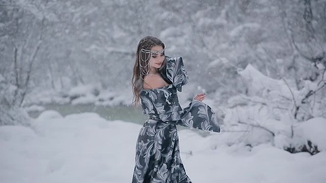 Portrait charming amazing cute young woman in fairy tale image in grey royal dress stands in snow on background of winter forest with river with falling snow flakes