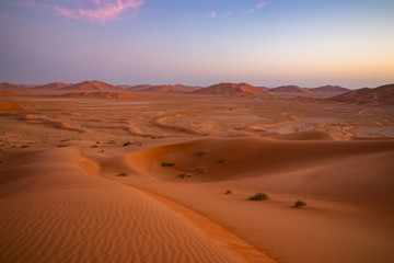 Fototapeta na wymiar Dawn in Rub al Khali the empty quarter between Oman and Saudi Arabia near Salalah
