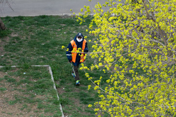 Coronavirus Quarantine. Man in a protective mask and disinfectant in the background, selective focus on the crown of a tree. Infection prevention and control of epidemic Covid 19. Moldova, 2020.