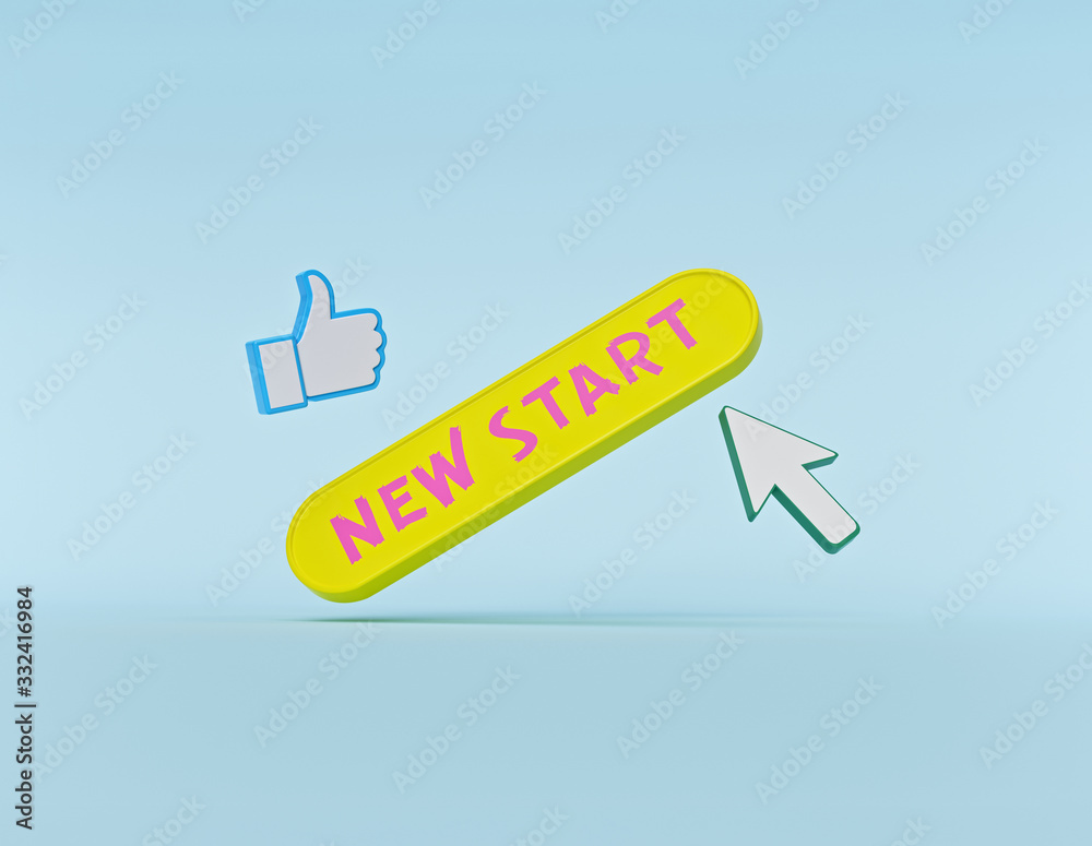 Poster new start concept with cursor and like symbol. minimal design. 3d rendering
