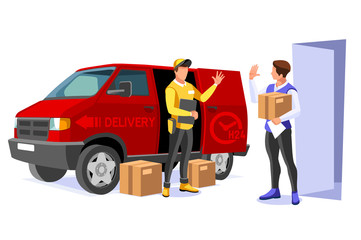 Symbolic commercial home deliver symbol. Courier truck of delivering boy with in house parcel, e commerce sign. Vector illustration icon. Express food, home delivery commercial online order concept.