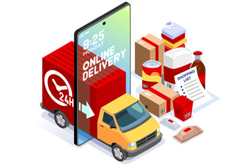 Symbolic commercial home deliver symbol. Courier truck of delivering boy with in house parcel, e commerce sign. Vector illustration icon. Express food, home delivery commercial online order concept.