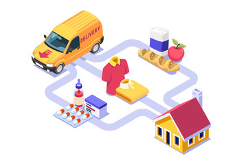 Symbolic commercial home deliver symbol. Courier truck of delivering boy with in house parcel, e commerce sign. Vector illustration icon. Express food, home delivery commercial online order concept.