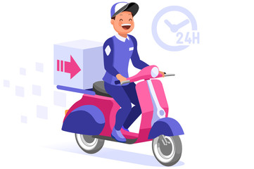 Symbolic commercial home deliver symbol. Courier truck of delivering boy with in house parcel, e commerce sign. Vector illustration icon. Express food, home delivery commercial online order concept.
