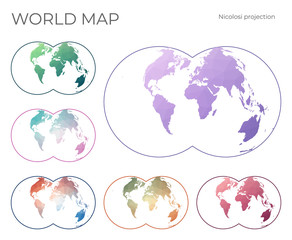 Low Poly World Map Set. Nicolosi globular projection. Collection of the world maps in geometric style. Vector illustration.