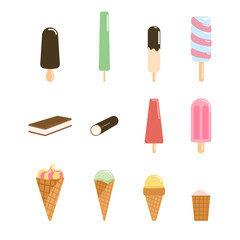 Set of ice cream. Collections popsicles, Frozen Yogurt, ice cream in chocolate glaze on a wooden stick