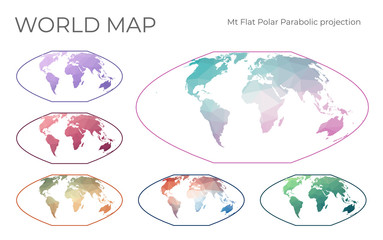 Low Poly World Map Set. McBryde-Thomas flat-polar parabolic pseudocylindrical equal-area projection. Collection of the world maps in geometric style. Vector illustration.