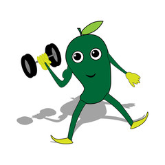 This is a cute Mango cartoon character doing softball playing dumbbells. Vector illustration on the white background