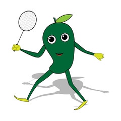 This is a cute Mango cartoon character doing softball playing badminton. Flat retro style concept illustration