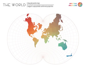 Low poly world map. August's epicycloidal conformal projection of the world. Spectral colored polygons. Elegant vector illustration.