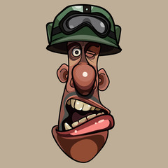 head of a funny cartoon talking man in a green helmet with glasses