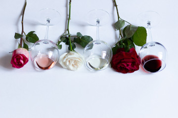 Laying glasses with red, pink, white wine and colorful rose flowers on light background