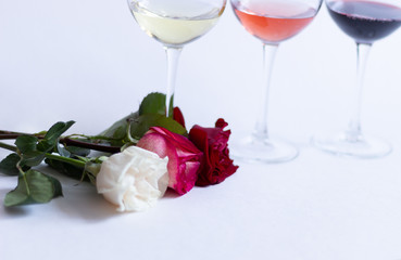 colorful rose flowers on white background with white, pink, red wine in glasses